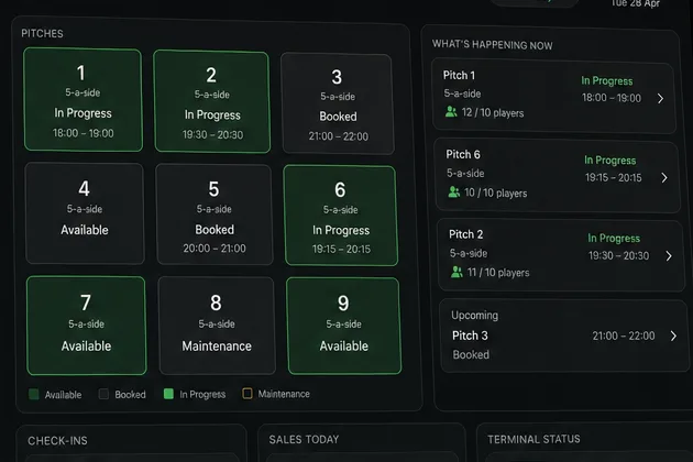 Live pitch board showing which pitches are playing, booked and free