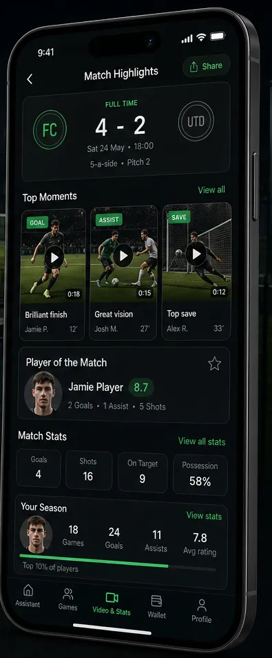 Match highlights screen with top moments and player of the match