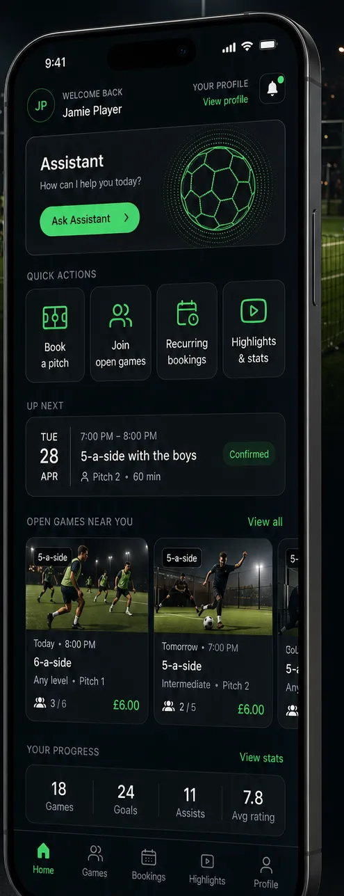 Player app home with bookings, open games and progress